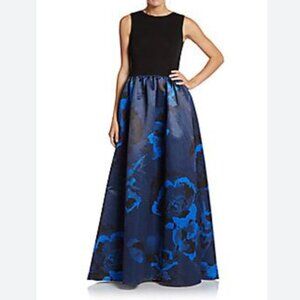 Aidan Mattox Blue & Black Combo Floral Print Fit & Flare Gown Dress Sz 0